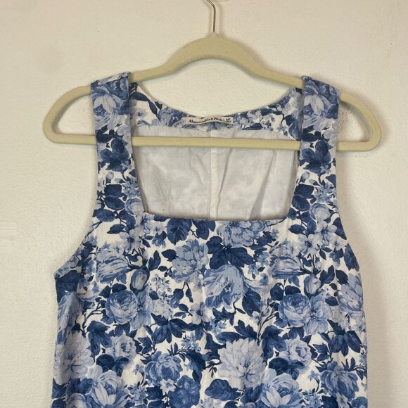 Abercrombie & Fitch Blue Floral Print Square Neck Linen/Cotton Mini Dress M Tall - Picture 3 of 9